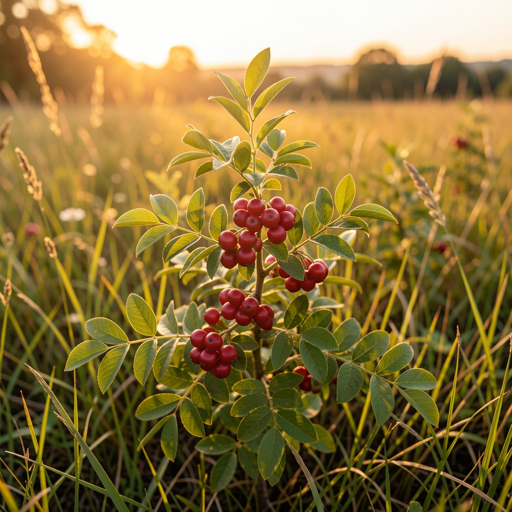 Plante ashwagandha avec baies rouges et feuilles vertes dans un champ naturel, lumière du soir rasante créant une atmosphère chaude et organique