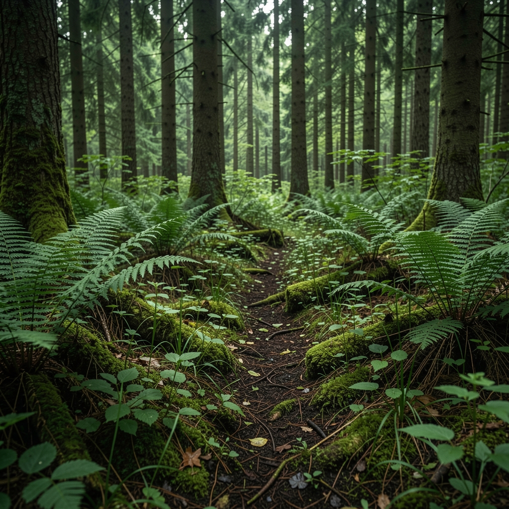 Sous-bois forestier avec fougères et plantes sauvages en lumière tamisée verte, sol riche en humus sombre, ambiance naturelle et préservée de la forêt tempérée européenne