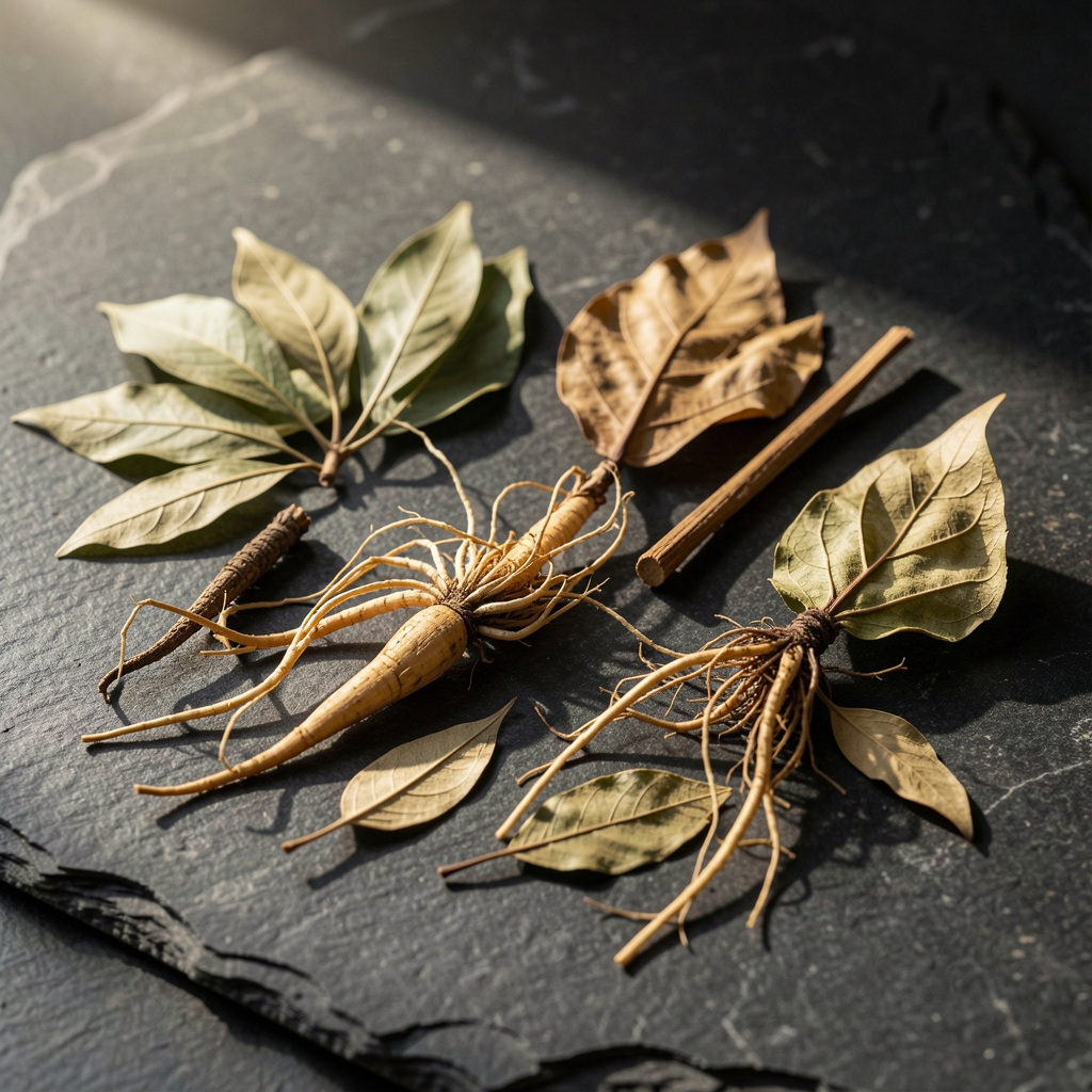 Collection de plantes botaniques séchées, racines et feuilles disposées avec soin sur une surface en pierre sombre, lumière naturelle directionnelle créant des ombres profondes et des textures détaillées