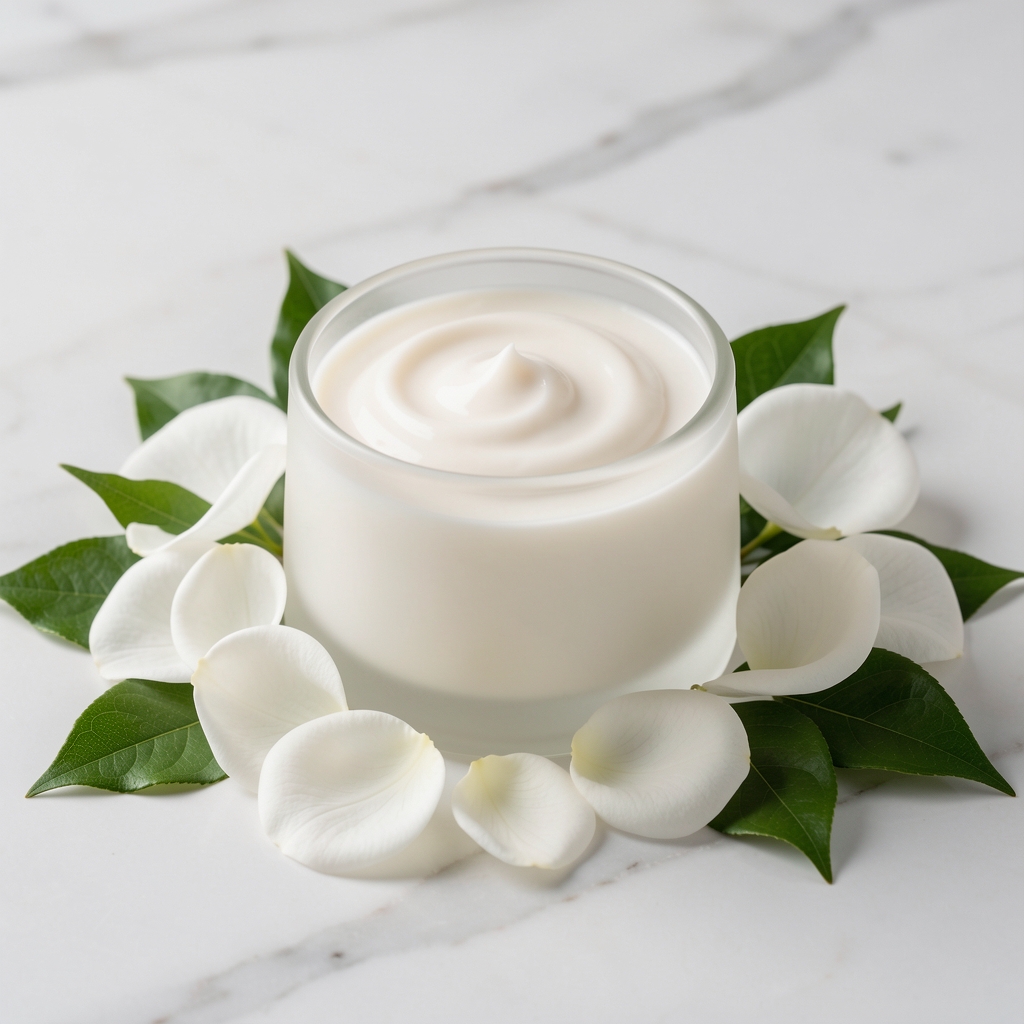 Crème naturelle blanche dans un pot en verre dépoli entouré de pétales de fleurs blanches et de feuilles vertes sur surface en marbre clair, composition épurée et luxueuse