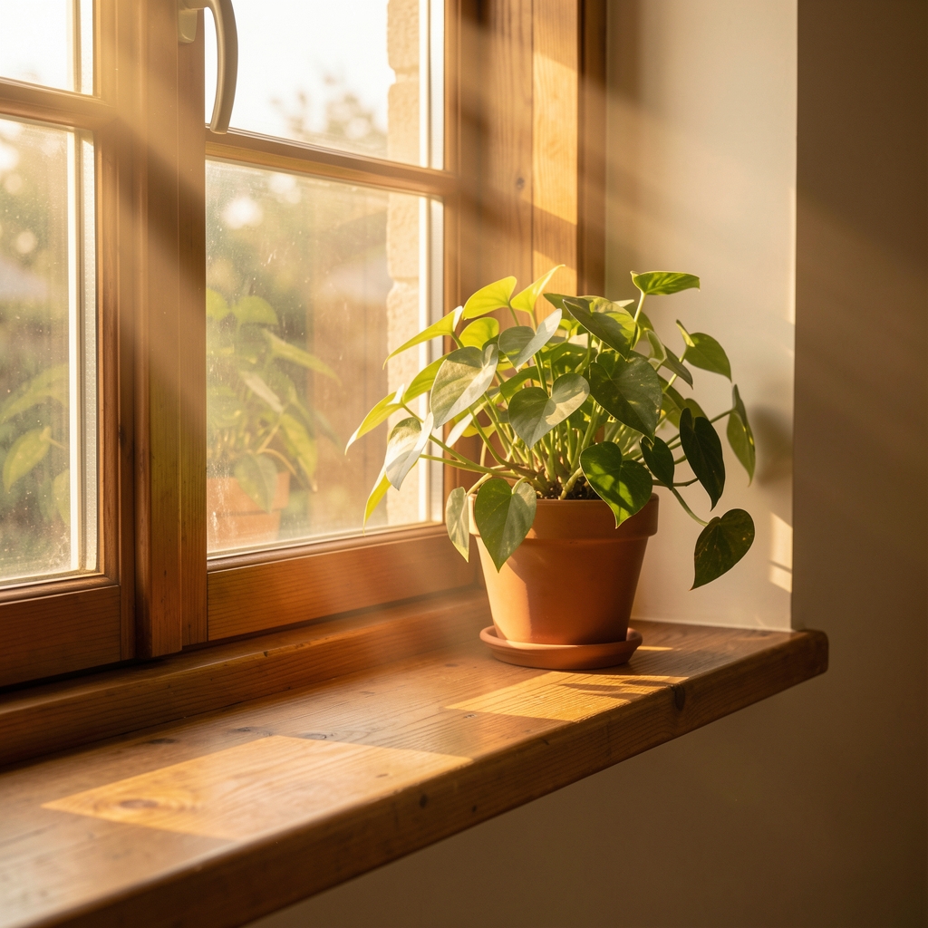 Rayon de soleil traversant une fenêtre et éclairant un rebord de fenêtre en bois avec une plante verte, atmosphère chaude et dorée matinale