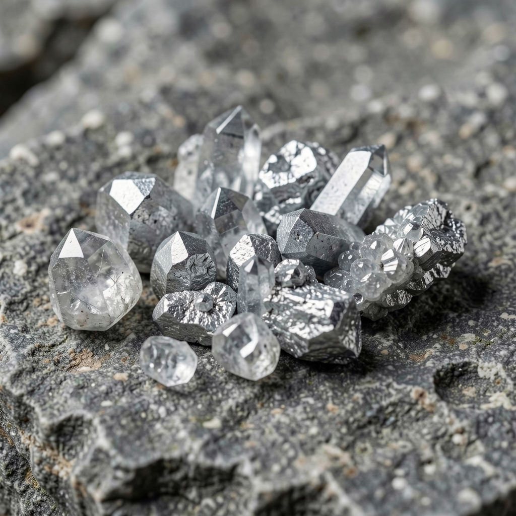 Minéraux naturels et cristaux de zinc sur surface de roche grise, composition macro avec détails de texture minérale, tons gris et argentés